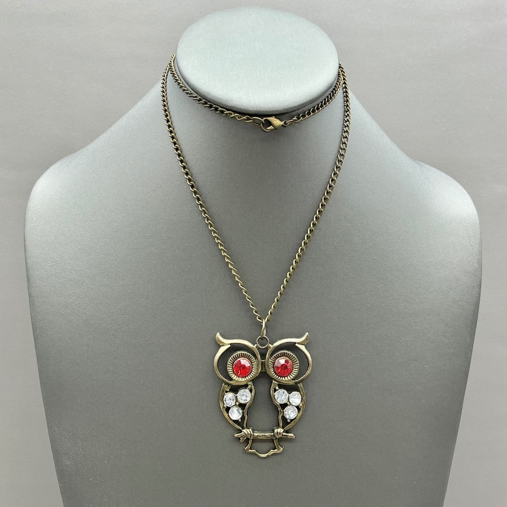 Owl Necklace Women Bronze Tone Red Crystal Rhinestone Boho Long Chain Pendant‎